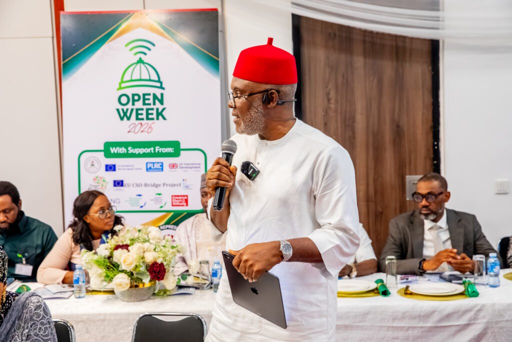 Henry Nwawuba welcoming participants to the National Assembly Library in Abuja