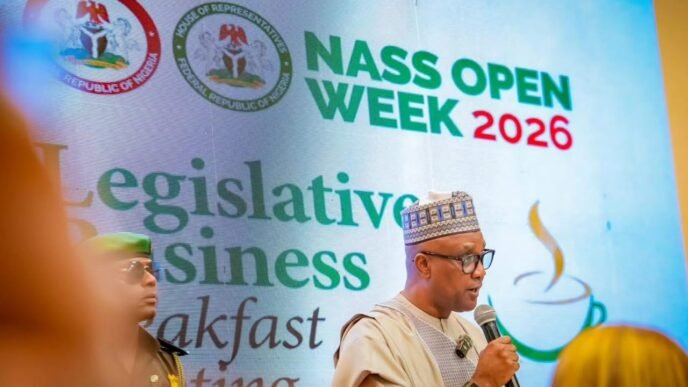 Speaker Abbas Tajudeen addressing the Legislative Business Breakfast during National Assembly Open Week 2026