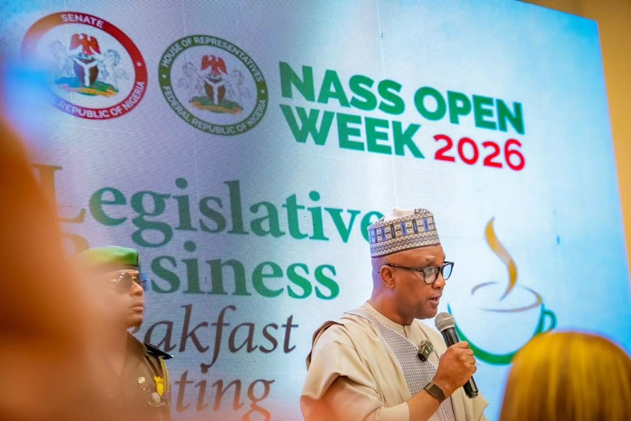 Speaker Abbas Tajudeen addressing the Legislative Business Breakfast during National Assembly Open Week 2026
